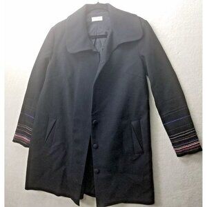 Megan Park black wool over coat women's 1 ribbon sleeves button snap close wide